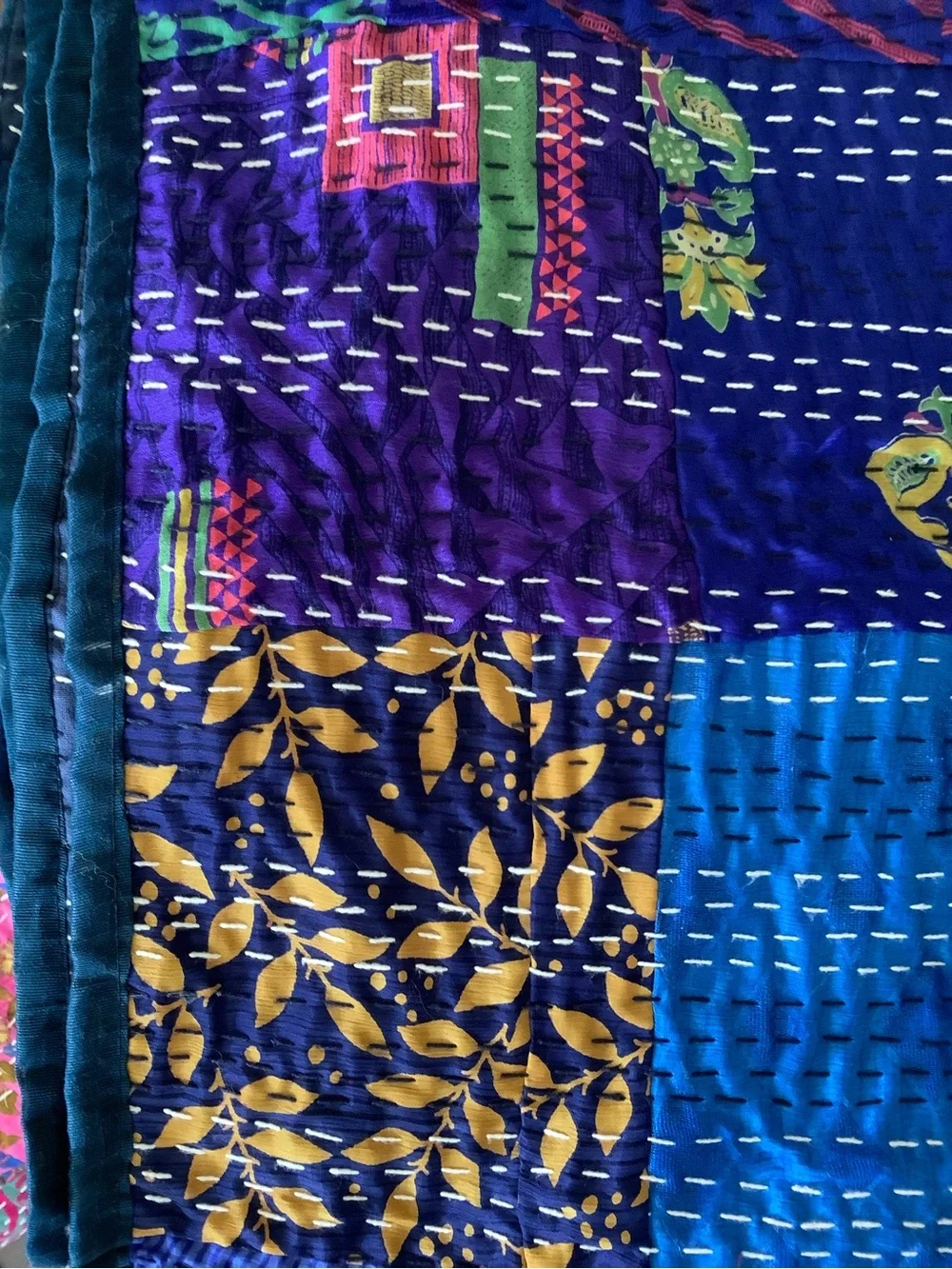 Handmade Patchwork Kantha Quilt in Multicolor Blue & Green QUEEN Size